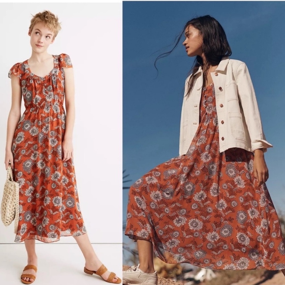 Madewell Gathered Bloom Sheer Flutter Sleeve Dress Size 2 Orange Midi Dress